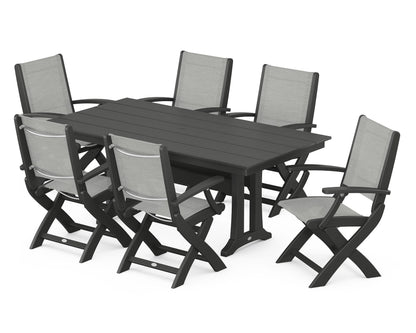 POLYWOOD® Coastal Folding Arm Chair 7-Piece Farmhouse Dining Set with Trestle Legs in Black / Metallic Sling