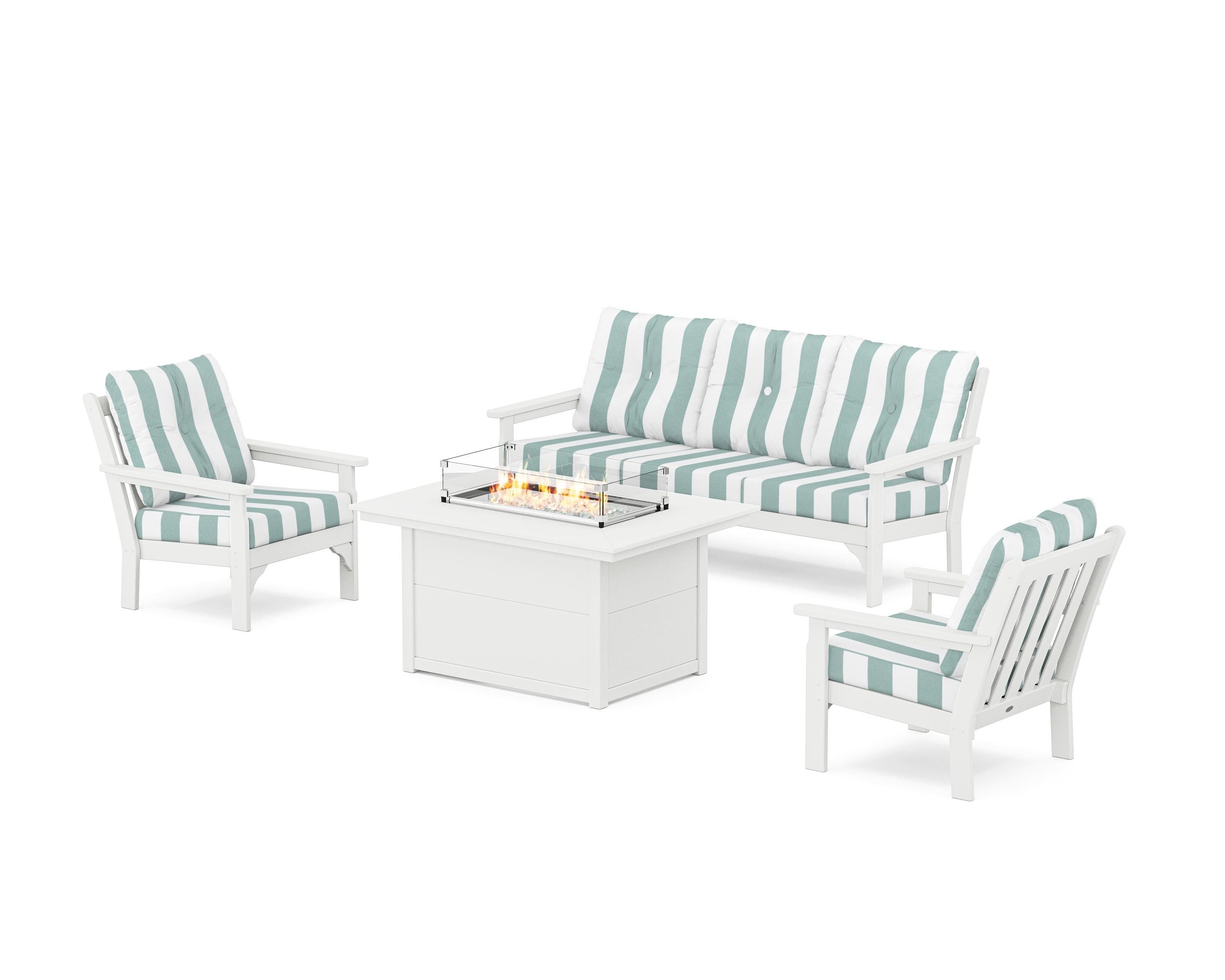 POLYWOOD® Vineyard Deep Seating Fire Pit Table Set in White / Cabana Stripe Glacier Spa