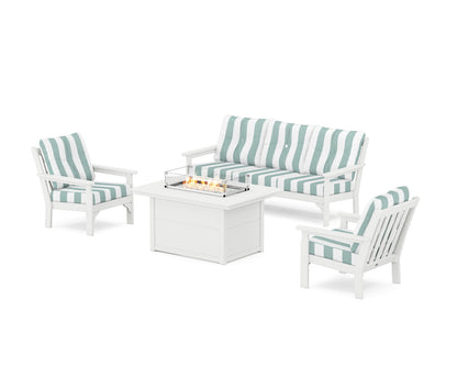 POLYWOOD® Vineyard Deep Seating Fire Pit Table Set in White / Cabana Stripe Glacier Spa