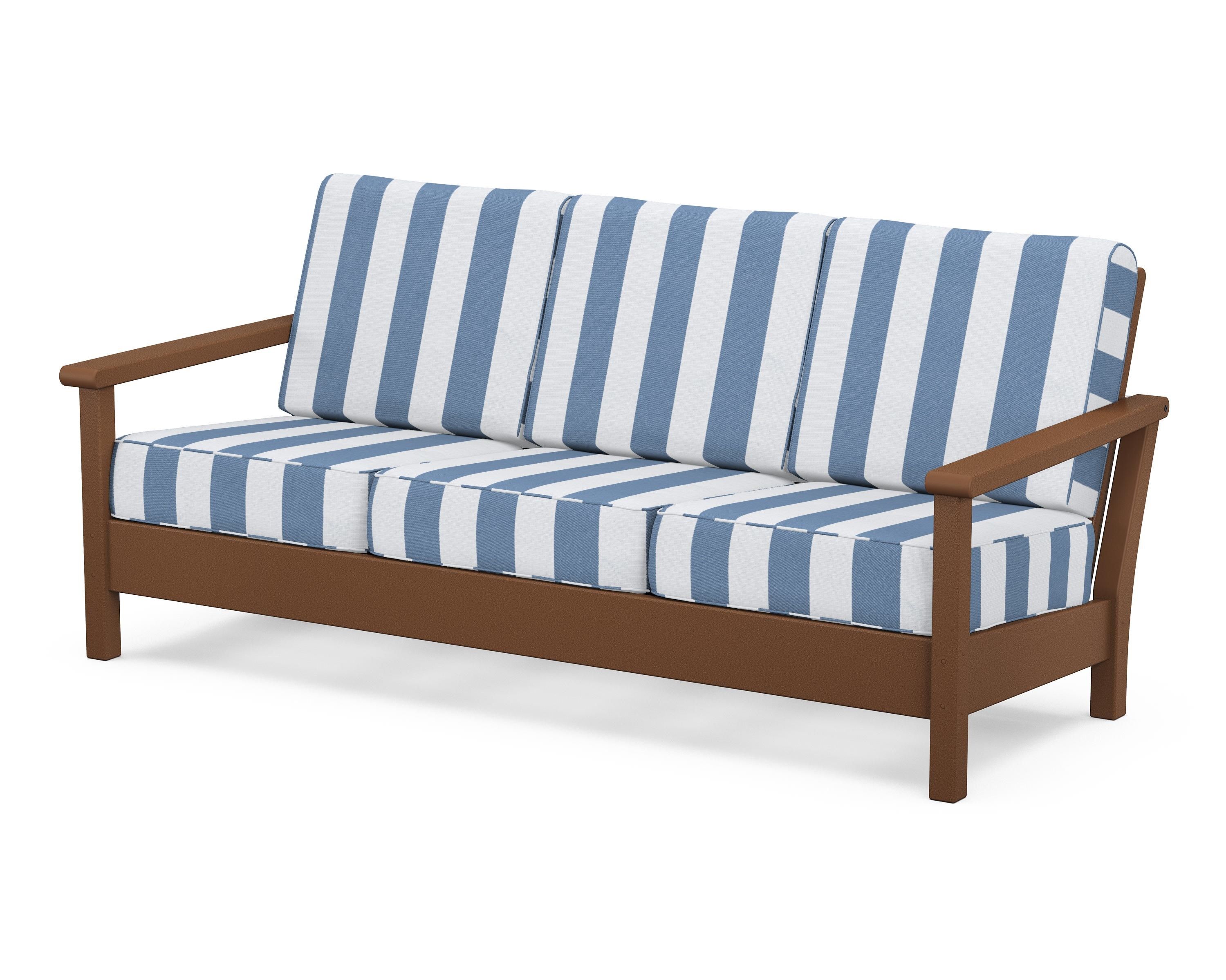 POLYWOOD® Harbour Deep Seating Sofa in Teak / Cabana Stripe Sky Blue