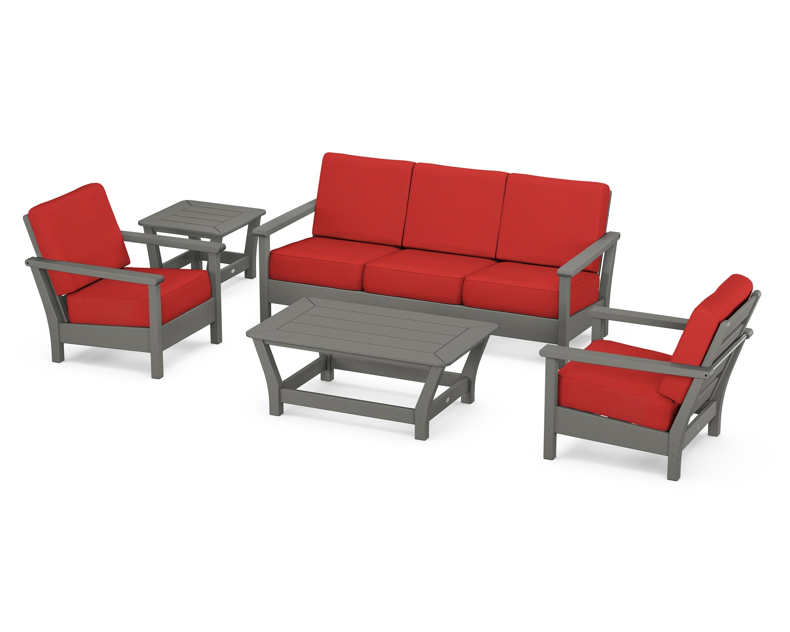 POLYWOOD® Harbour 5-Piece Deep Seating Set in Slate Grey / Crimson Linen
