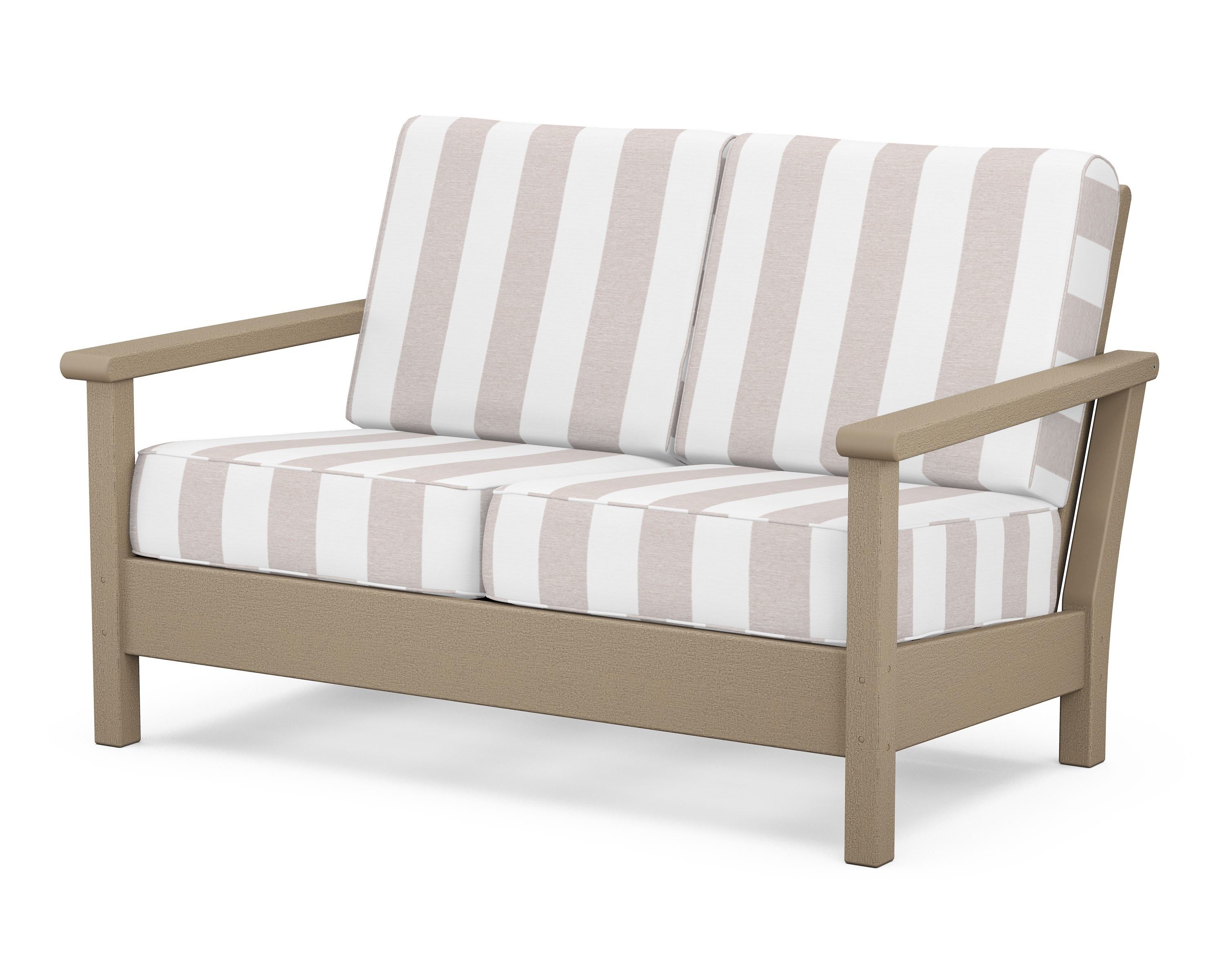 POLYWOOD® Harbour Deep Seating Loveseat in Vintage Sahara / Cabana Stripe Dune Burlap