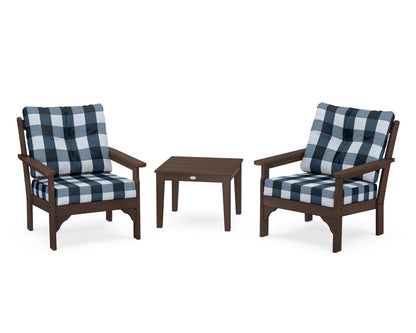 POLYWOOD® Vineyard 3-Piece Deep Seating Set in Mahogany / Buffalo Plaid Marine Indigo