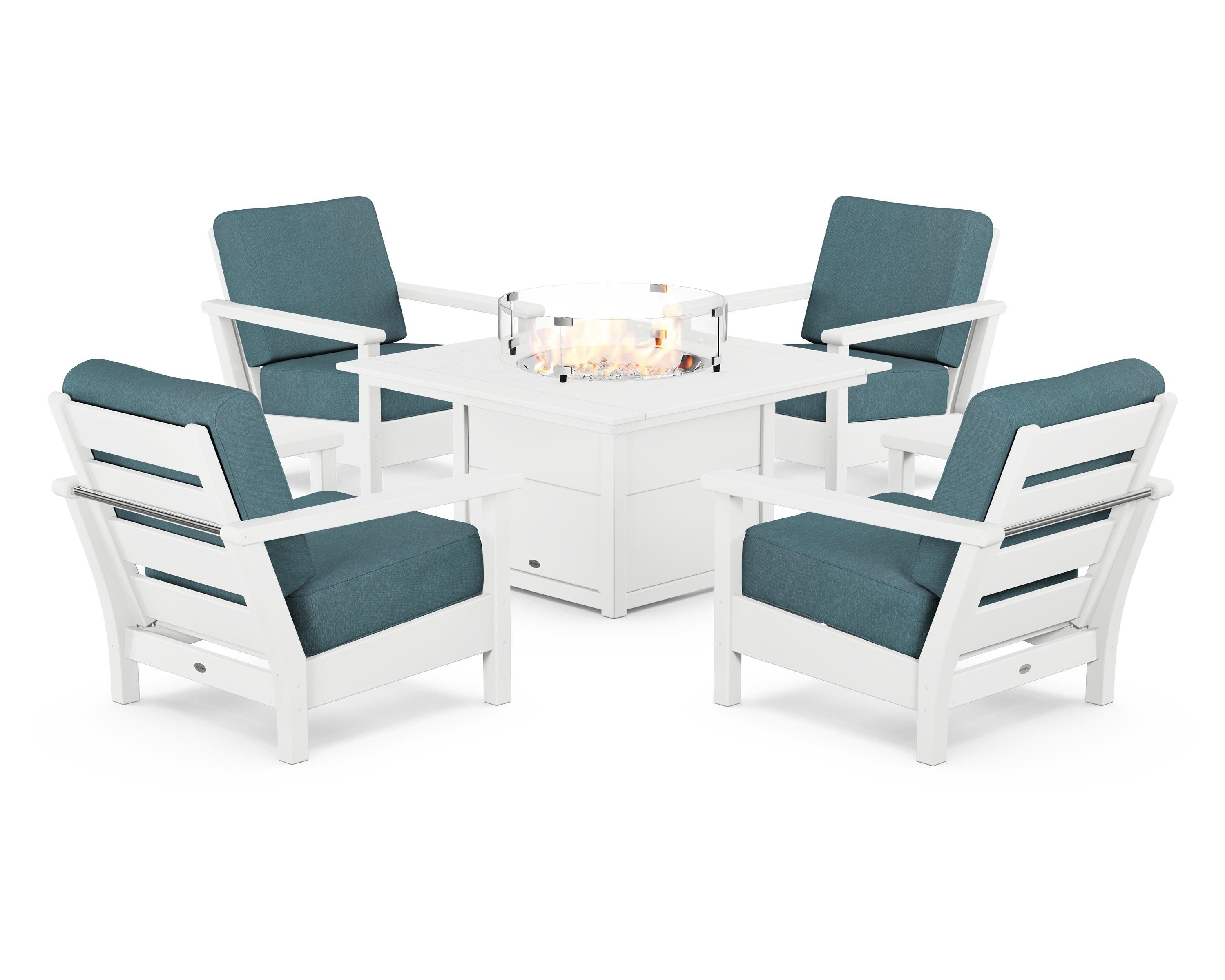POLYWOOD® Harbour 5-Piece Conversation Set with Fire Pit Table in White / Ocean Teal