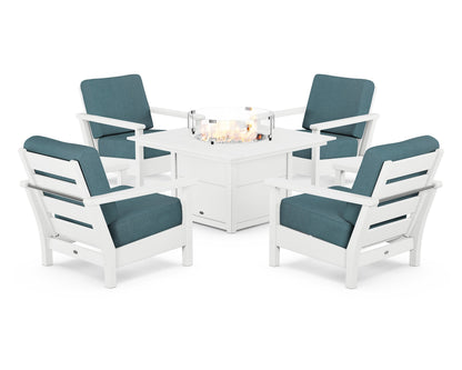 POLYWOOD® Harbour 5-Piece Conversation Set with Fire Pit Table in White / Ocean Teal