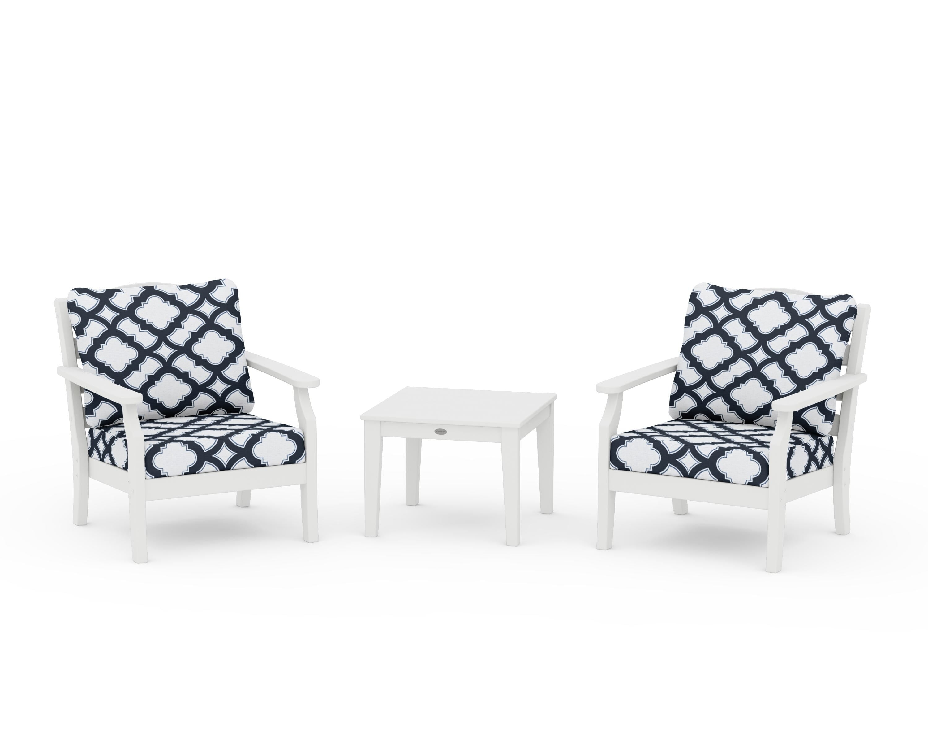 Draper James™ by  POLYWOOD® Savannah 3-Piece Deep Seating Set in White / Trellis Marine Indigo