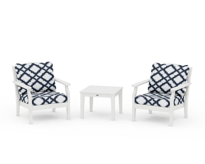 Draper James™ by  POLYWOOD® Savannah 3-Piece Deep Seating Set in White / Trellis Marine Indigo