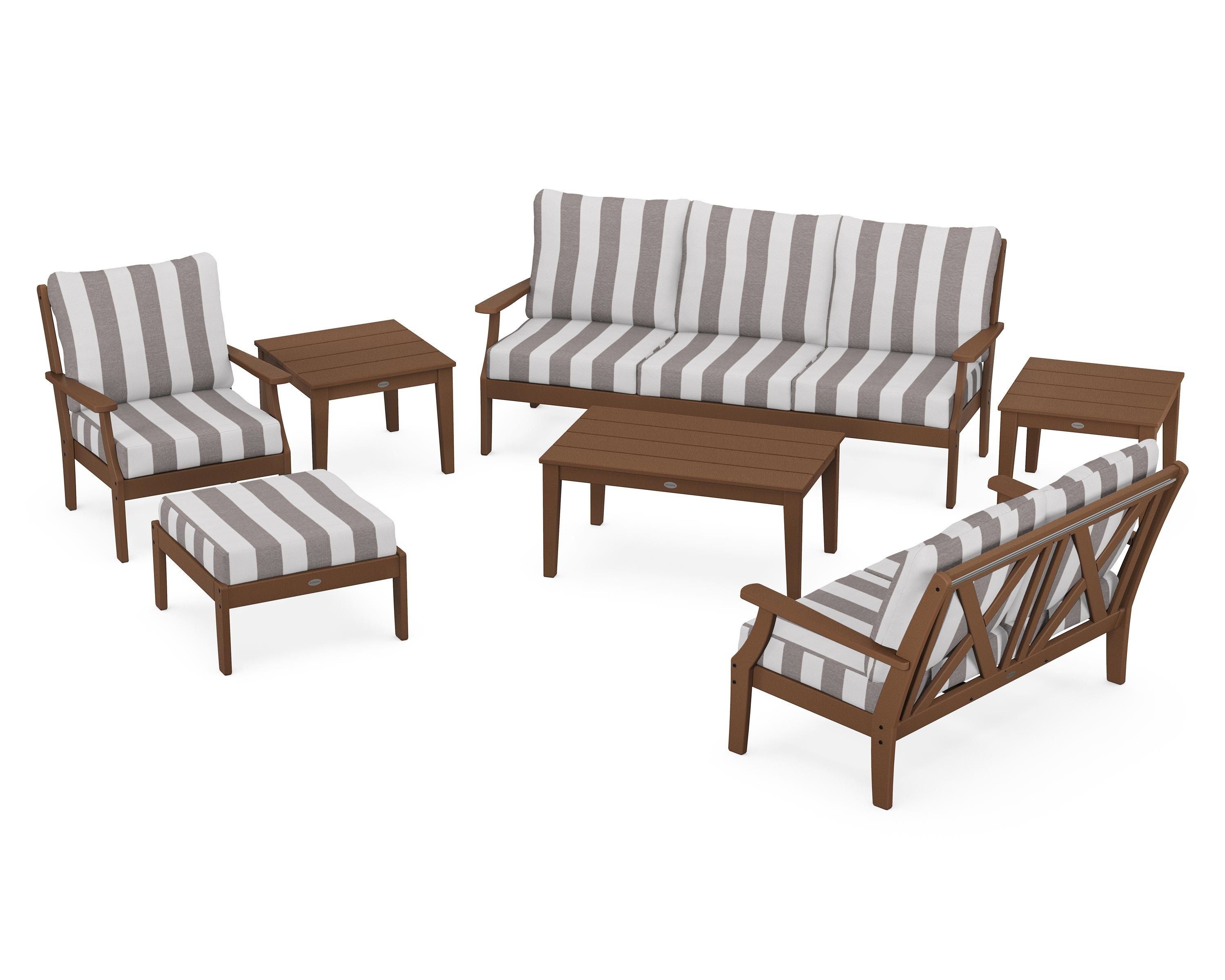 POLYWOOD® Braxton 7-Piece Deep Seating Set in Teak / Cabana Stripe Grey Mist