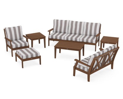 POLYWOOD® Braxton 7-Piece Deep Seating Set in Teak / Cabana Stripe Grey Mist