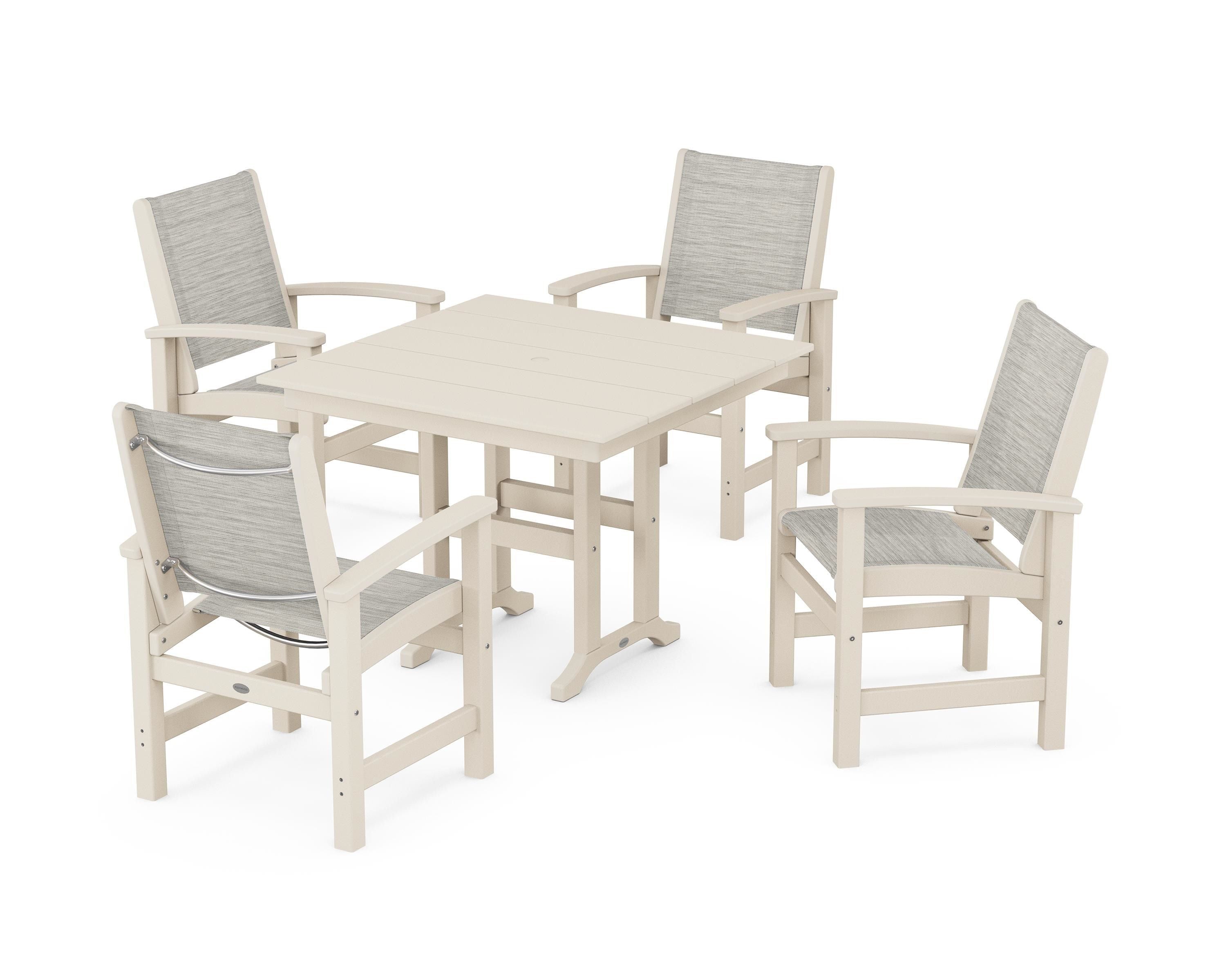 POLYWOOD® Coastal 5-Piece Farmhouse Dining Set in Sand / Birch Sling