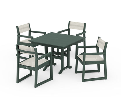 POLYWOOD® EDGE Sling Arm Chair 5-Piece Farmhouse Dining Set in Green / Parchment Sling