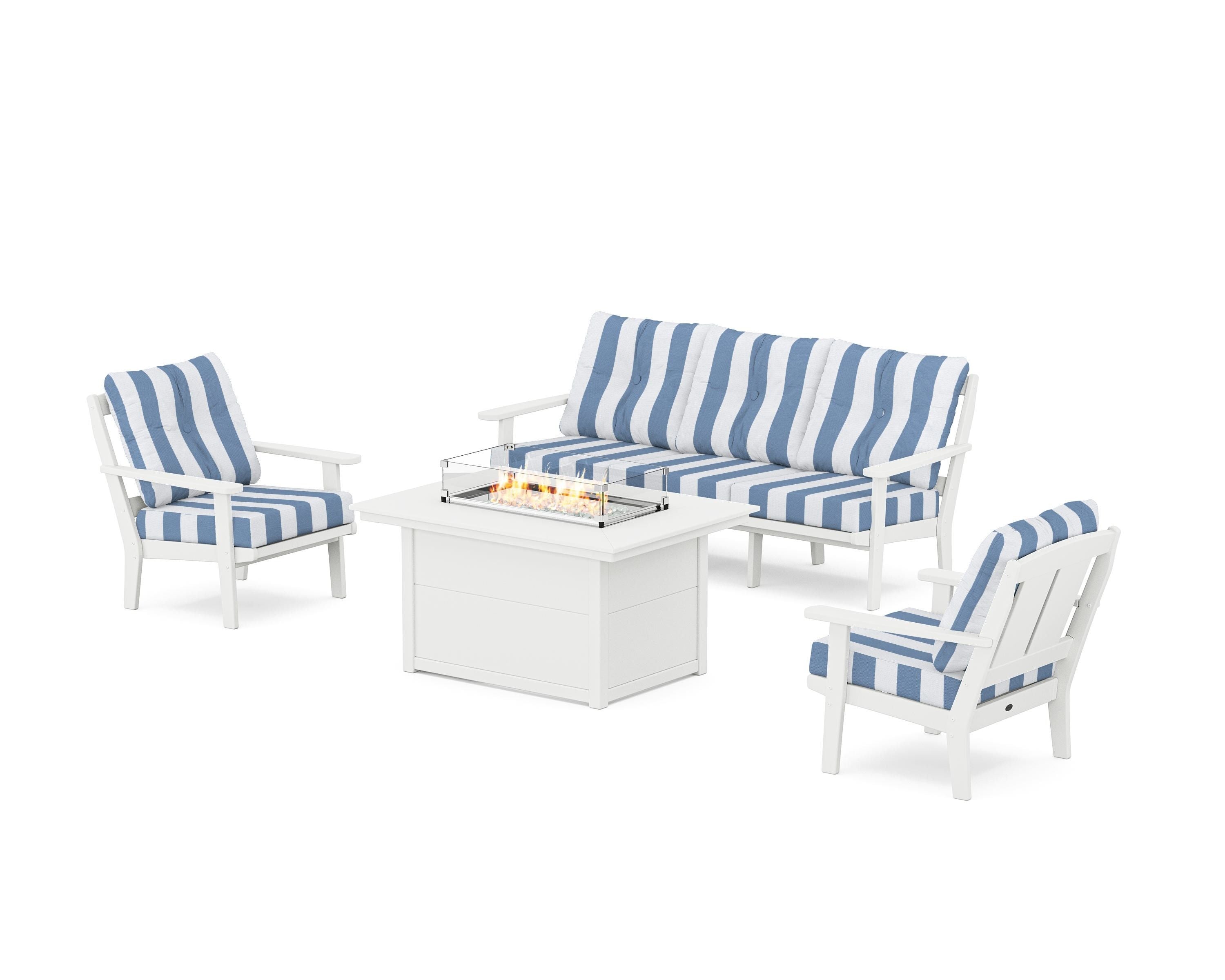 POLYWOOD® Mission Deep Seating Fire Pit Table Set in White / Cabana Stripe Sky Blue