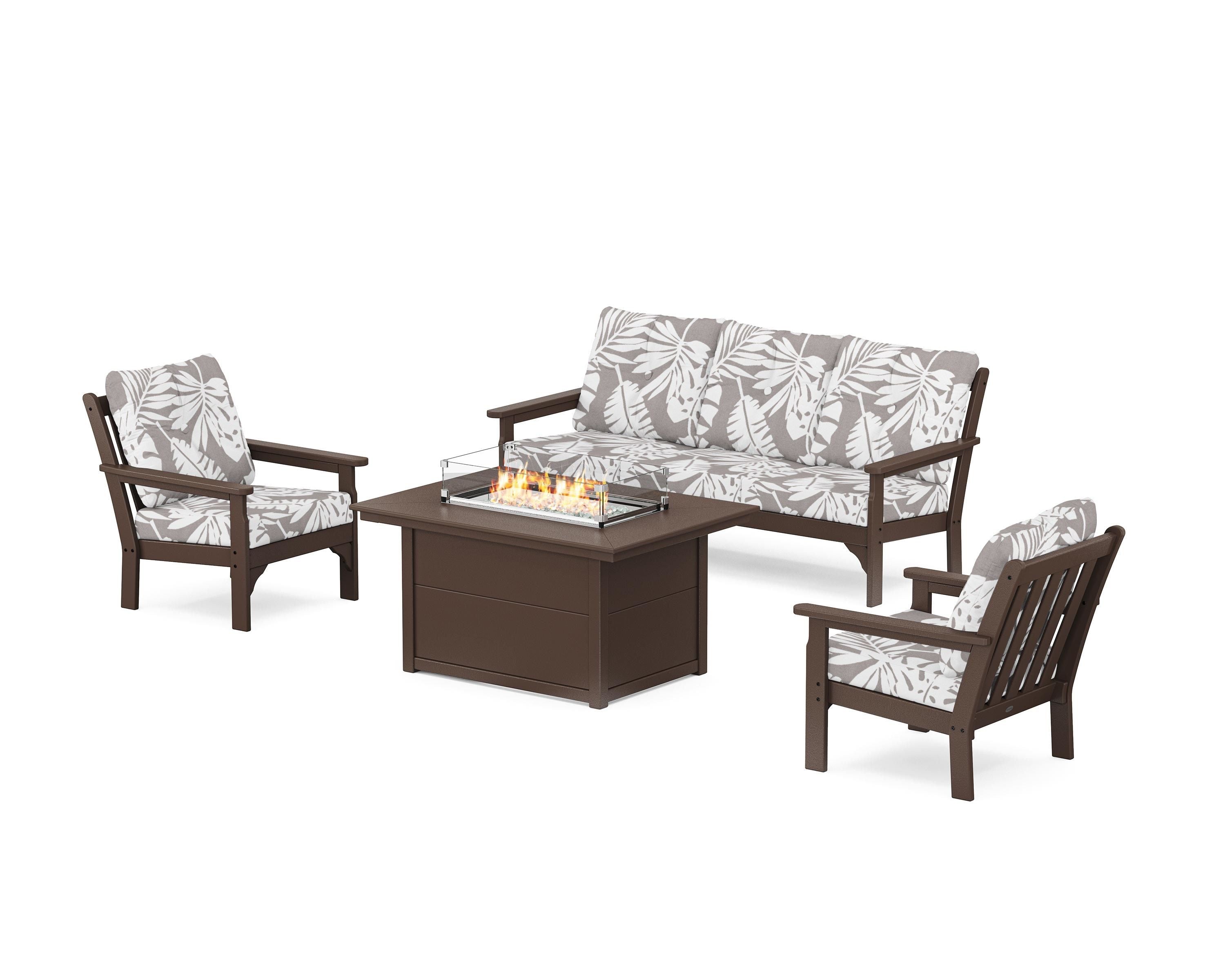POLYWOOD® Vineyard Deep Seating Fire Pit Table Set in Mahogany / Leaf Grey Mist