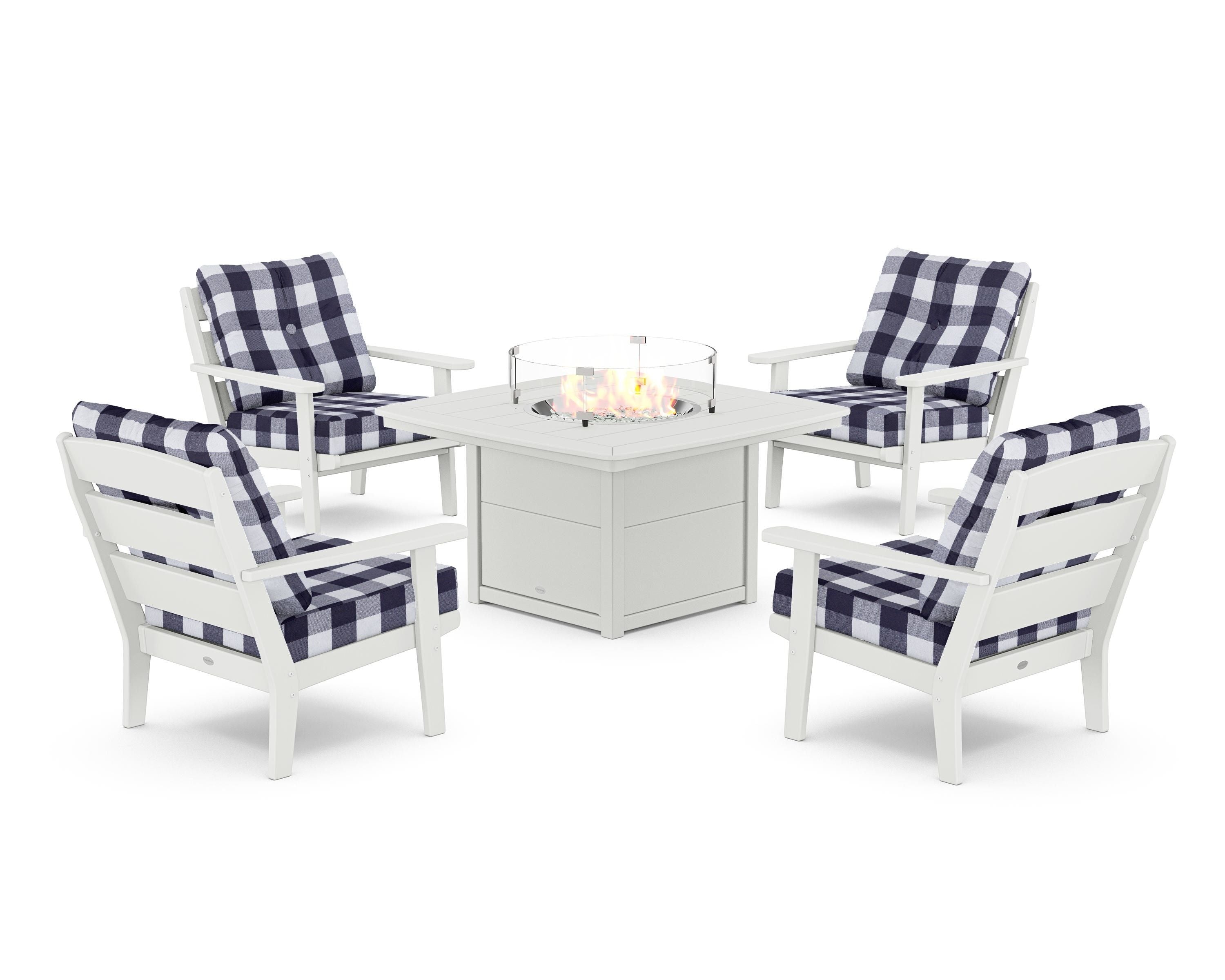 POLYWOOD® Lakeside 5-Piece Deep Seating Set with Nautical Fire Pit Table in White / Buffalo Plaid Navy