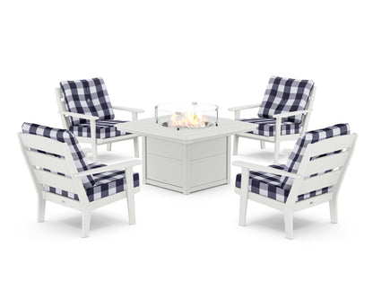 POLYWOOD® Lakeside 5-Piece Deep Seating Set with Nautical Fire Pit Table in White / Buffalo Plaid Navy