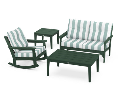 POLYWOOD® Vineyard 4-Piece Deep Seating Rocker Set in Green / Cabana Stripe Glacier Spa