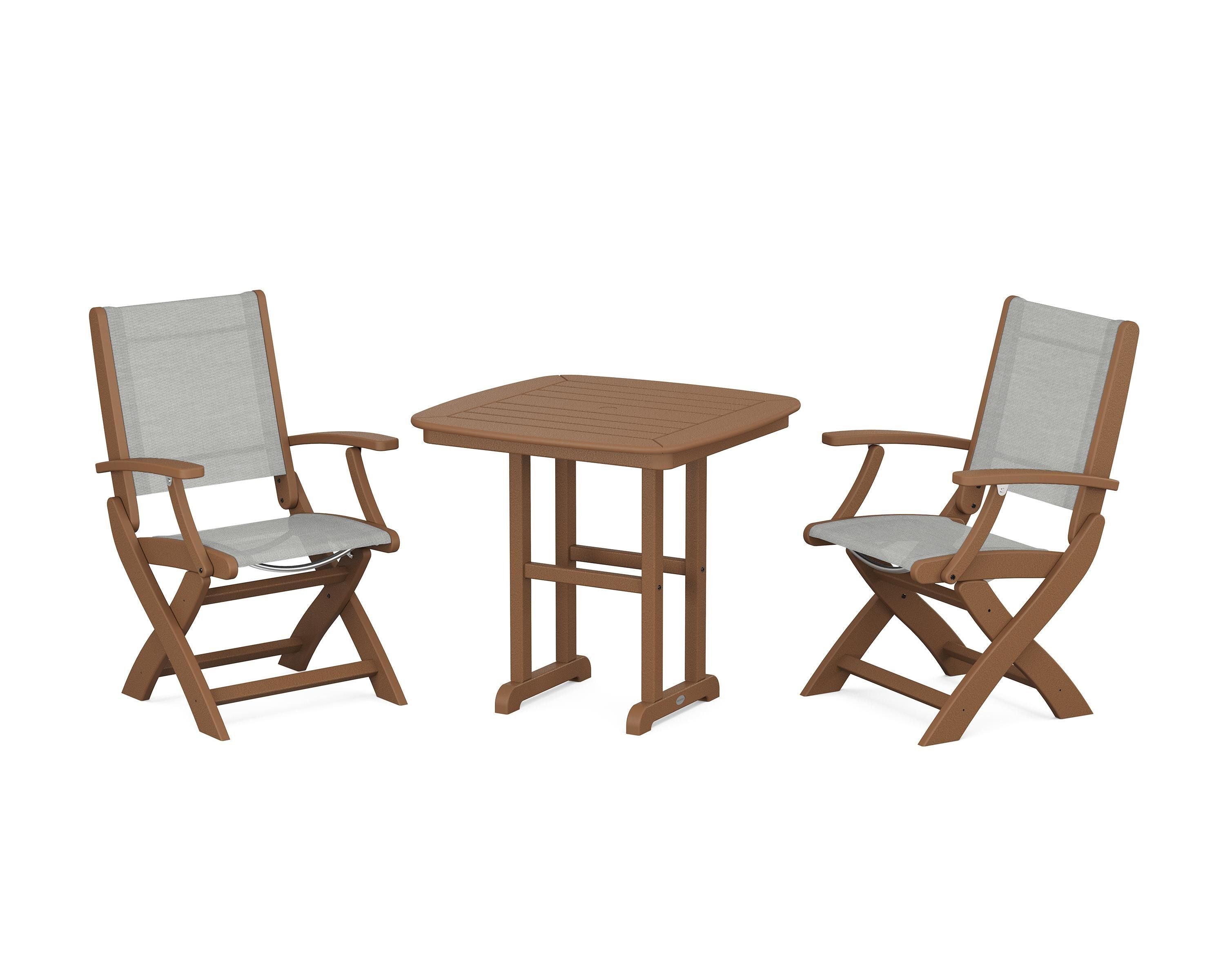 POLYWOOD® Coastal Folding Chair 3-Piece Dining Set in Teak / Metallic Sling