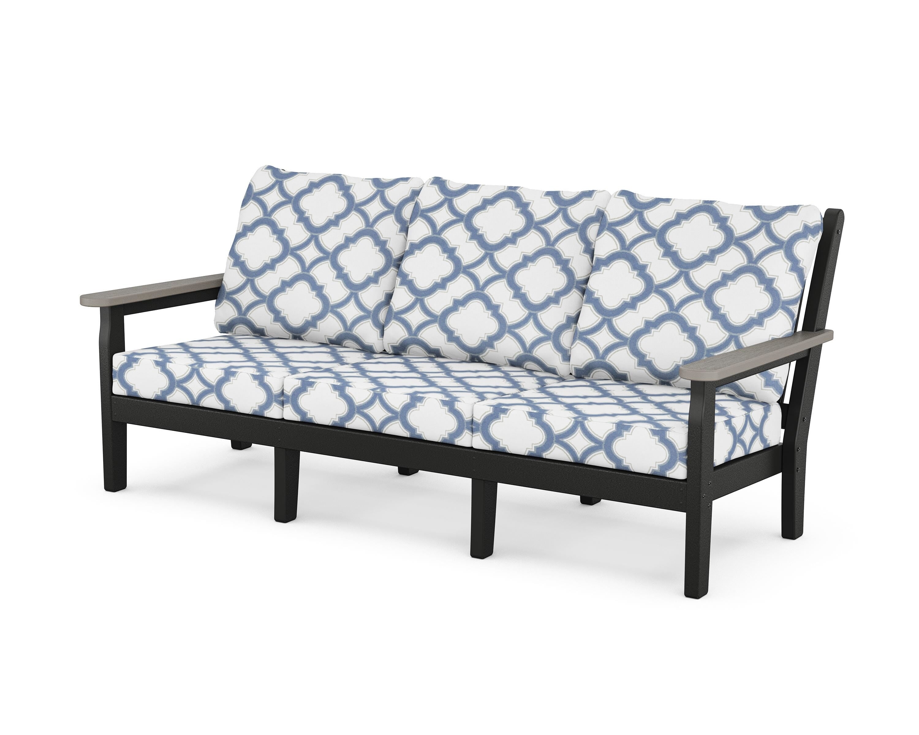 POLYWOOD® Chippendale Deep Seating Sofa in Black / Driftwood / Trellis Sky Blue