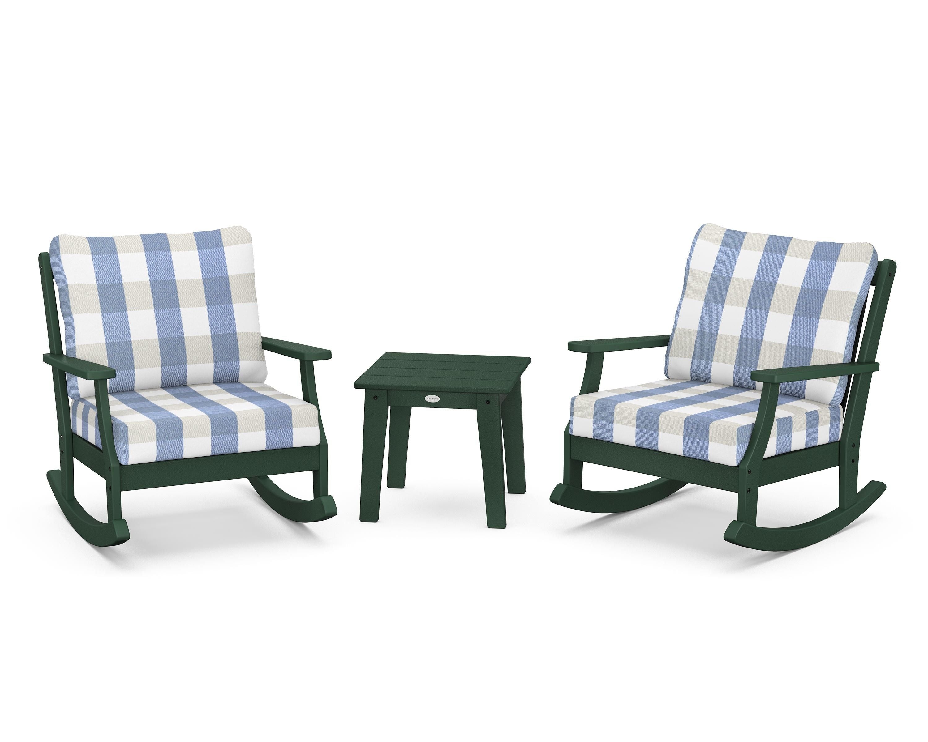 POLYWOOD® Braxton 3-Piece Deep Seating Rocker Set in Green / Buffalo Plaid Sky Blue