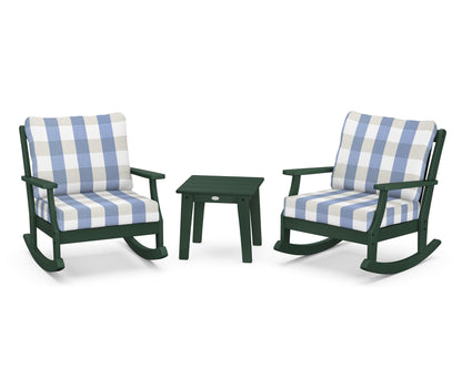 POLYWOOD® Braxton 3-Piece Deep Seating Rocker Set in Green / Buffalo Plaid Sky Blue