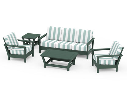 POLYWOOD® Harbour 5-Piece Deep Seating Set in Green / Cabana Stripe Glacier Spa