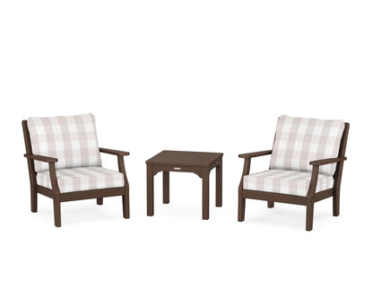 Martha Stewart by POLYWOOD® Chinoiserie 3-Piece Deep Seating Set in Mahogany / Buffalo Plaid Dune Burlap