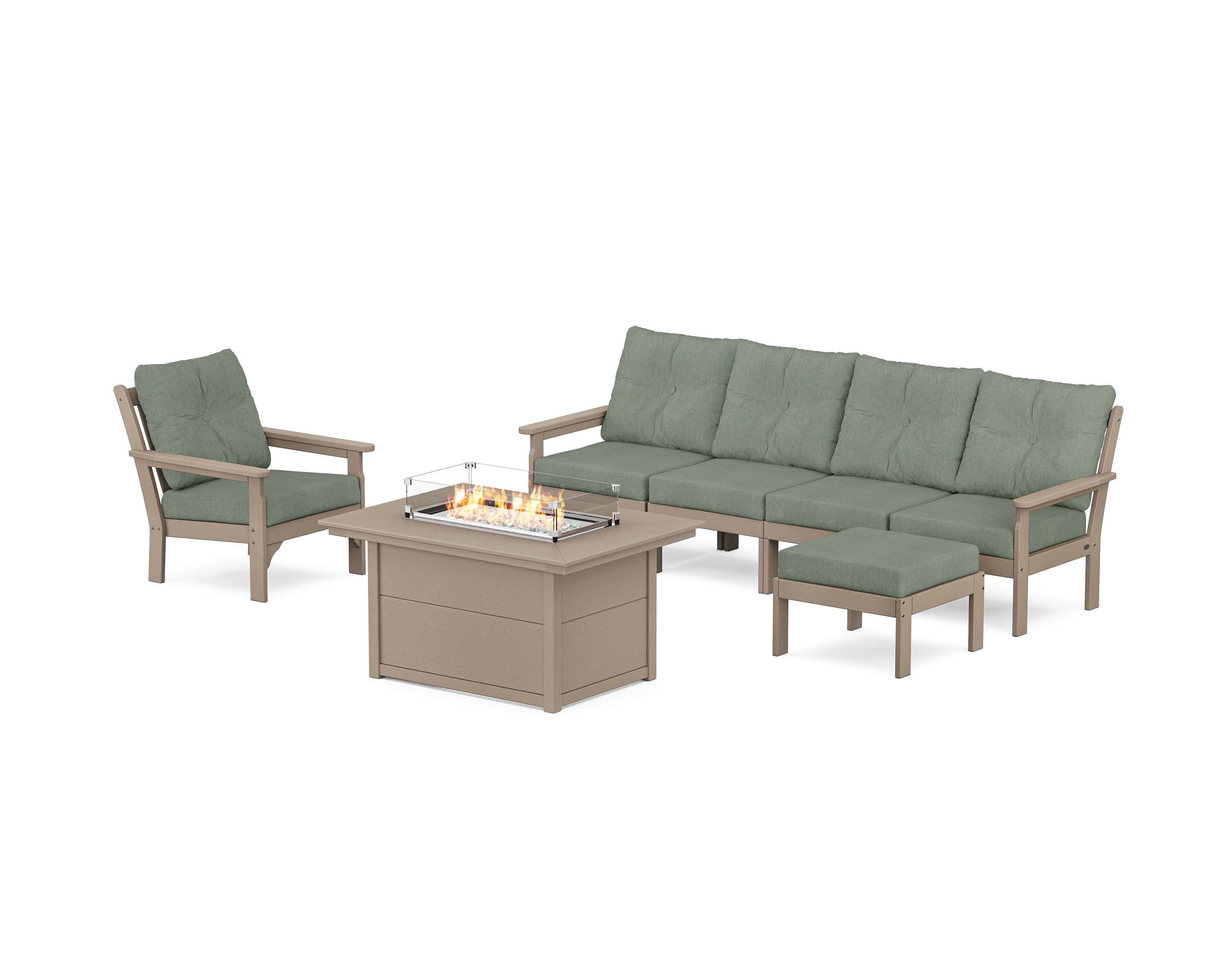 POLYWOOD® Vineyard Sectional Lounge and Fire Pit Set in Vintage Sahara / Cast Sage