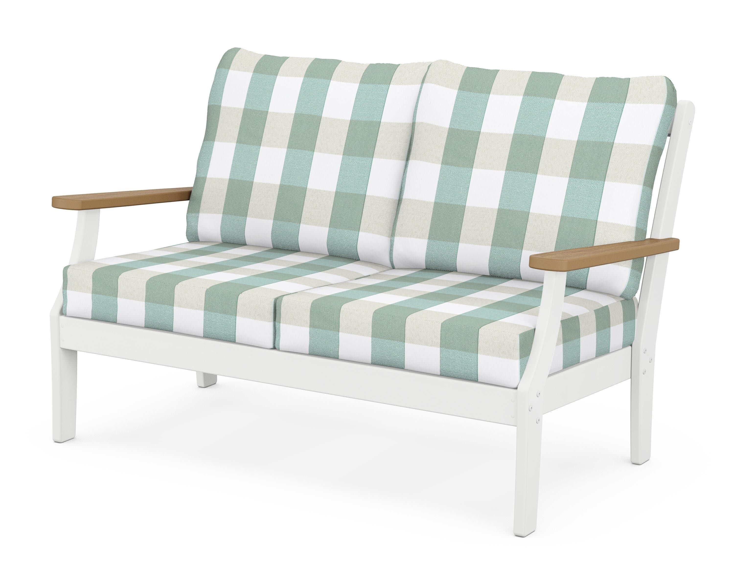 POLYWOOD® Braxton Deep Seating Loveseat in White / Natural / Buffalo Plaid Glacier Spa