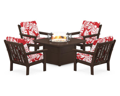 POLYWOOD® Vineyard 5-Piece Conversation Set with Fire Pit Table in Mahogany / Leaf Crimson
