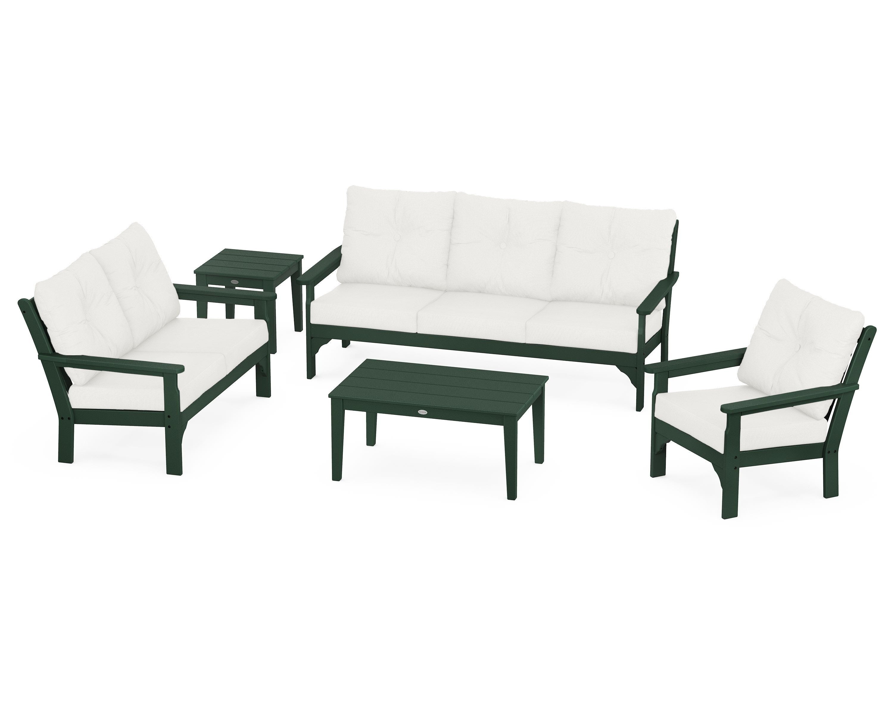 POLYWOOD® Vineyard 5 Piece Deep Seating Set in Green / Natural Linen