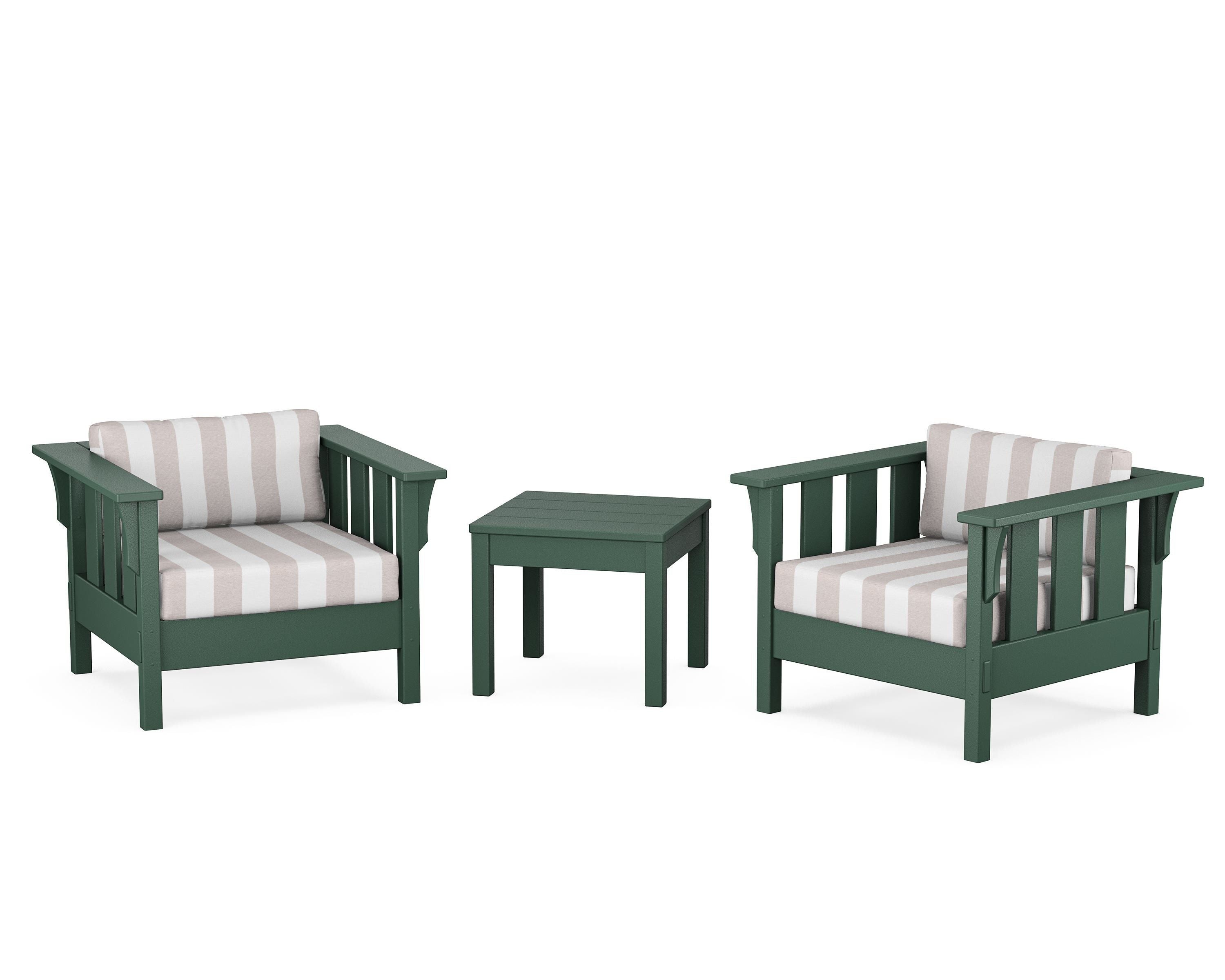 Martha Stewart by POLYWOOD® Acadia 3-Piece Deep Seating Set in Green / Cabana Stripe Dune Burlap