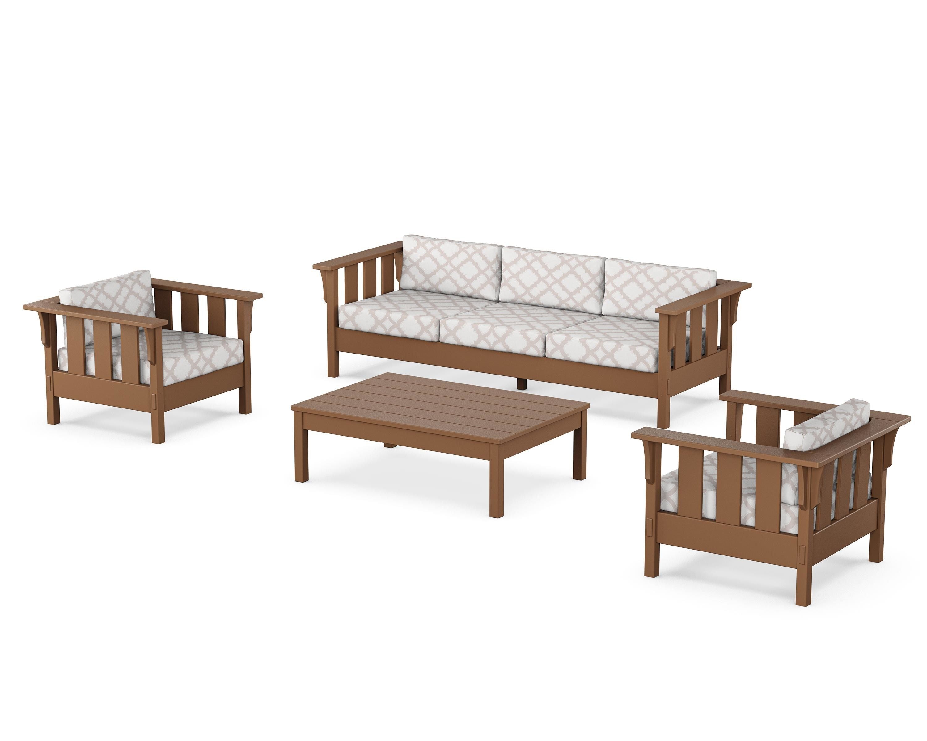 Martha Stewart by POLYWOOD® Acadia 4-Piece Deep Seating Set with Sofa in Teak / Trellis Dune Burlap