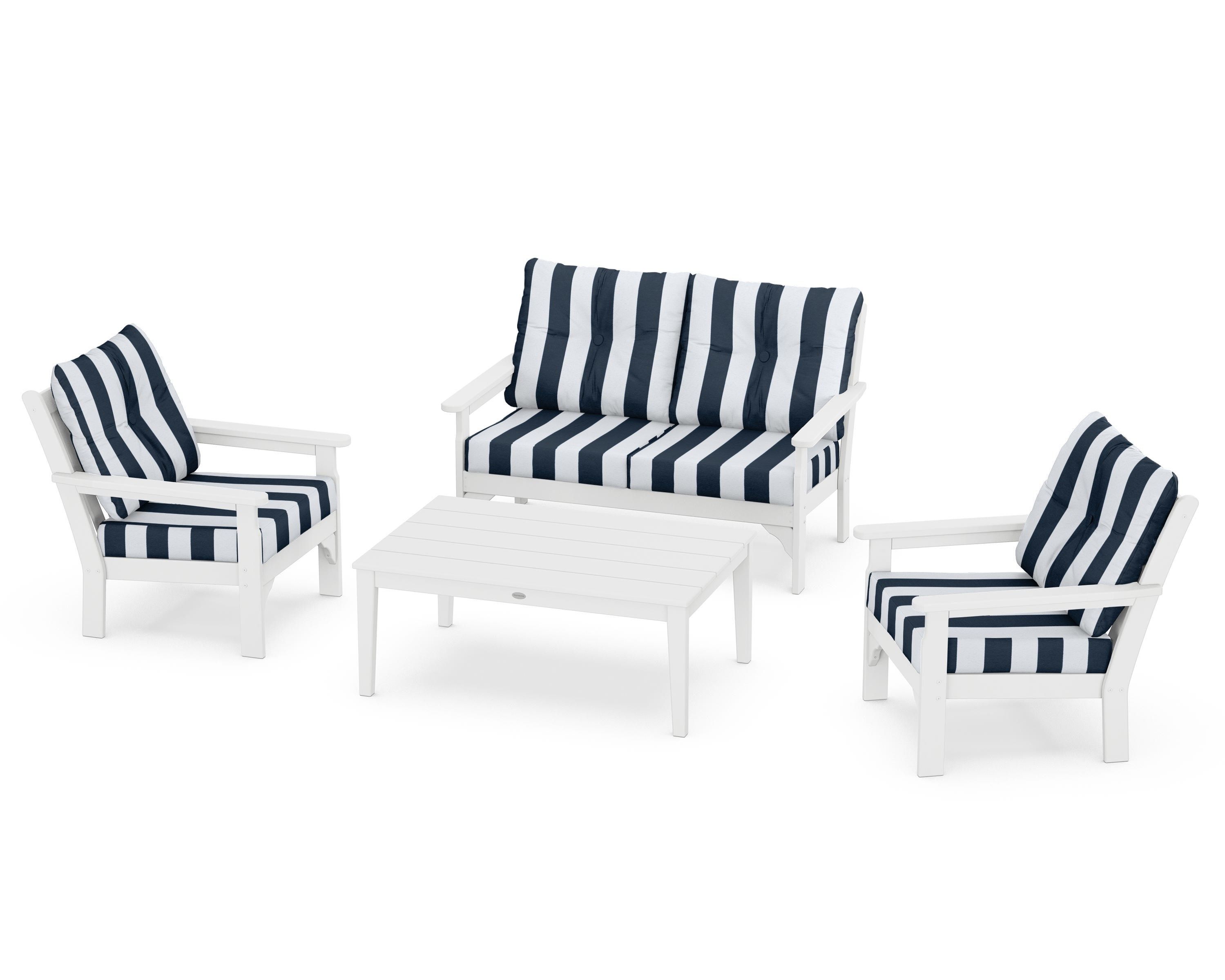 POLYWOOD® Vineyard 4-Piece Deep Seating Set in White / Cabana Stripe Marine Indigo