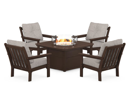 POLYWOOD® Vineyard 5-Piece Conversation Set with Fire Pit Table in Mahogany / Weathered Tweed