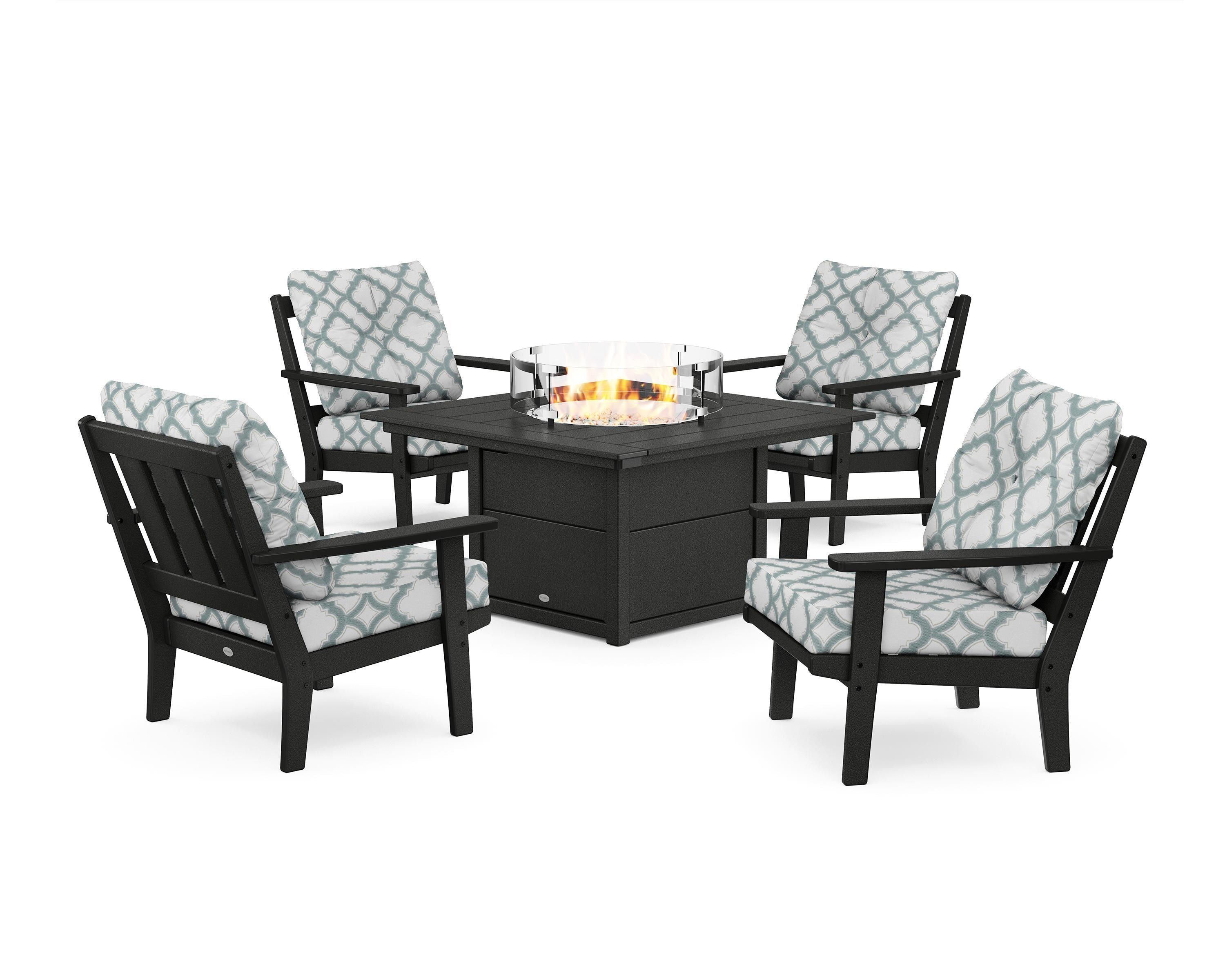 POLYWOOD® Oxford 5-Piece Deep Seating Set with Fire Pit Table in Black / Trellis Glacier Spa