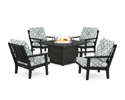 POLYWOOD® Oxford 5-Piece Deep Seating Set with Fire Pit Table in Black / Trellis Glacier Spa