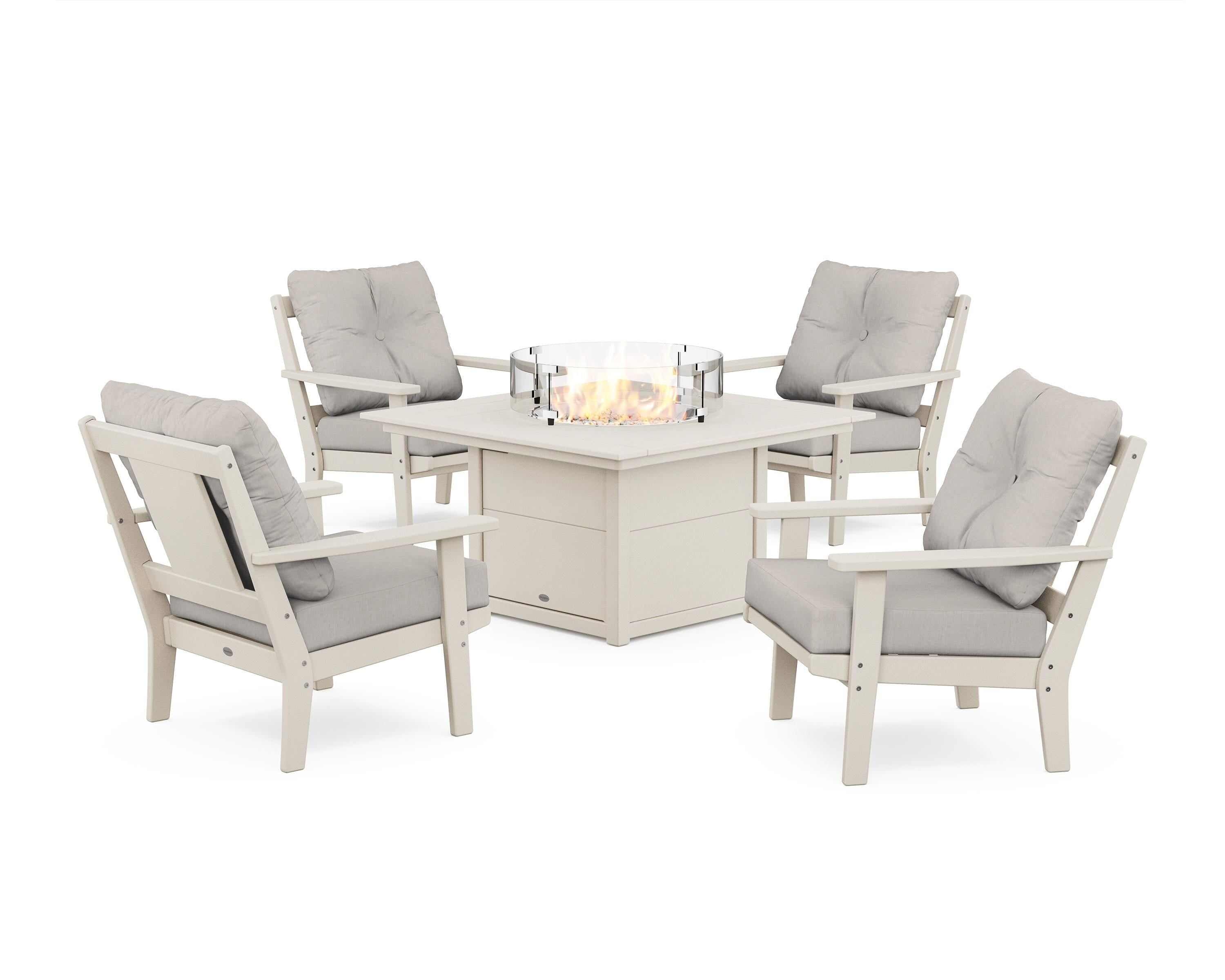 POLYWOOD® Prairie 5-Piece Deep Seating Set with Fire Pit Table in Sand / Cast Ash