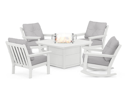 POLYWOOD® Vineyard 5-Piece Deep Seating Rocking Chair Conversation Set with Fire Pit Table in White / Granite