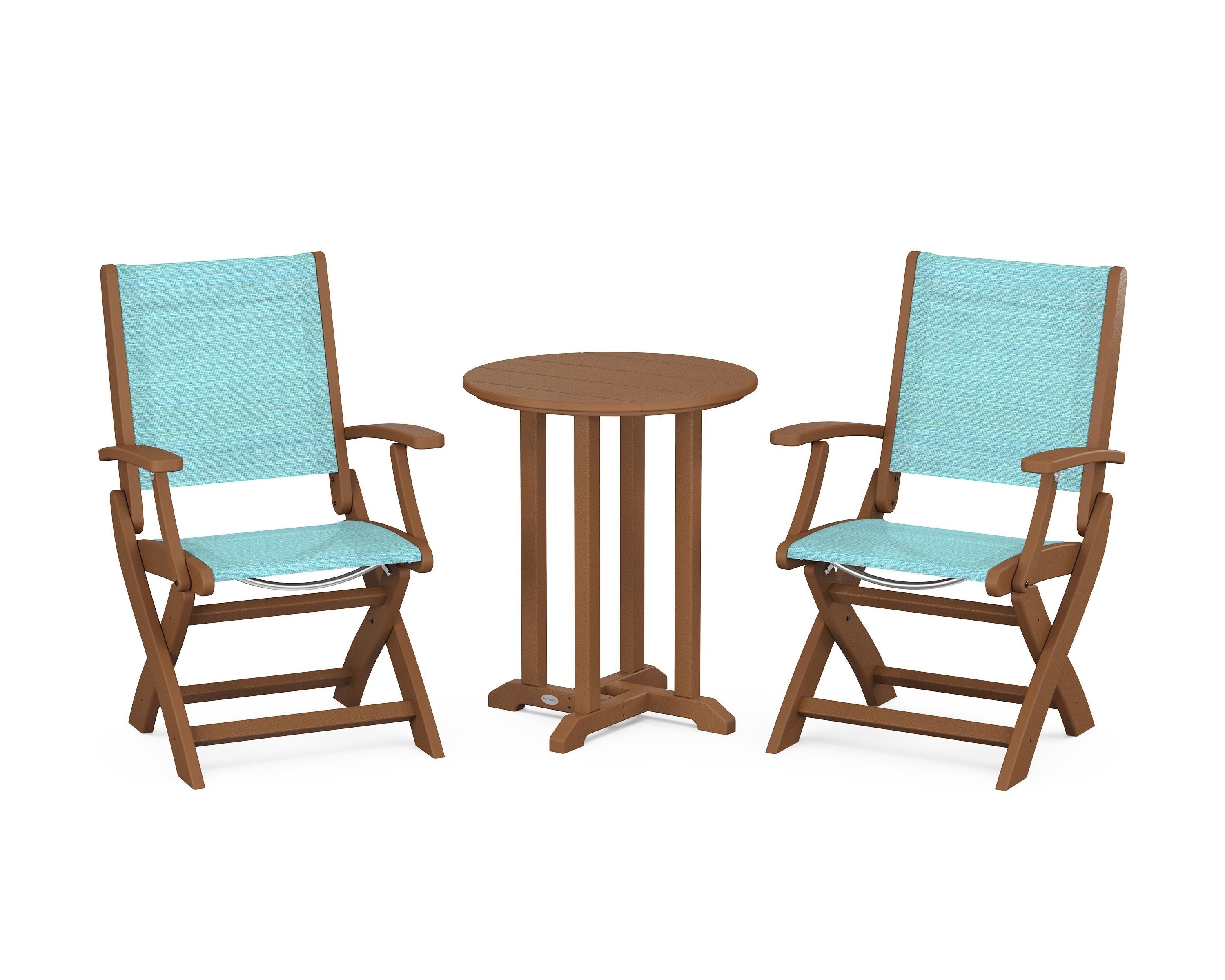 POLYWOOD® Coastal Folding 3-Piece Round Bistro Dining Set in Teak / Dupioni Aquamarine Sling