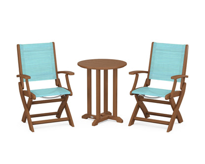 POLYWOOD® Coastal Folding 3-Piece Round Bistro Dining Set in Teak / Dupioni Aquamarine Sling