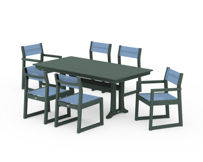 POLYWOOD® EDGE Sling 7-Piece Farmhouse Trestle Dining Set in Green / Poolside Sling