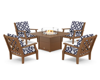 Country Living Wovendale 5-Piece Deep Seating Set with Fire Pit Table in Teak / Trellis Navy