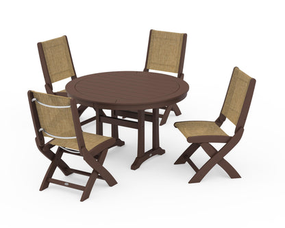 POLYWOOD® Coastal Folding Side Chair 5-Piece Round Dining Set With Trestle Legs in Mahogany / Burlap Sling