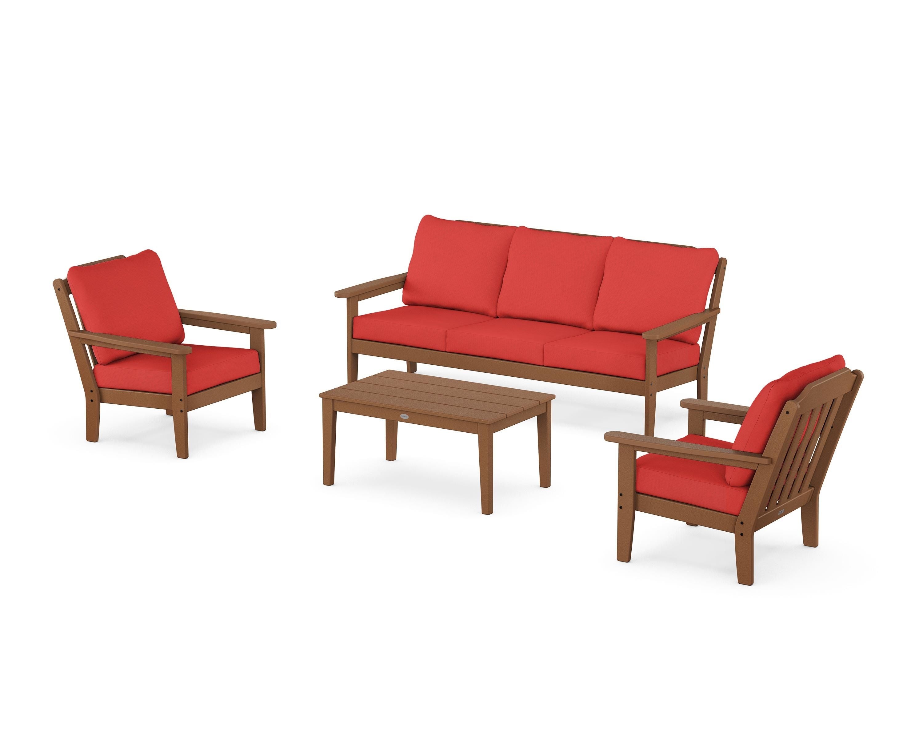 Country Living Cottage 4-Piece Deep Seating Set with Sofa in Teak / Crimson Linen