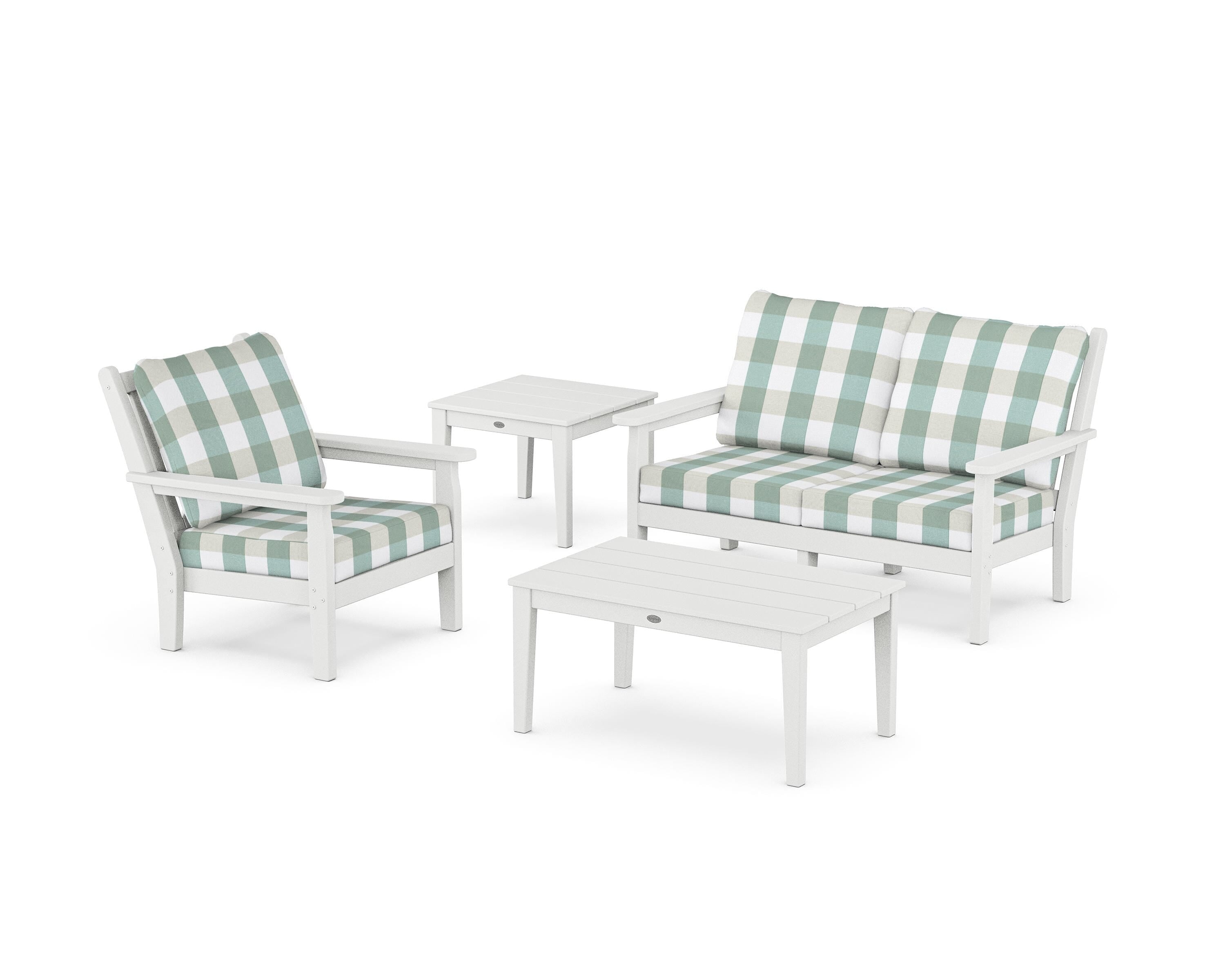 POLYWOOD® Chippendale 4-Piece Deep Seating Set in White / Buffalo Plaid Glacier Spa