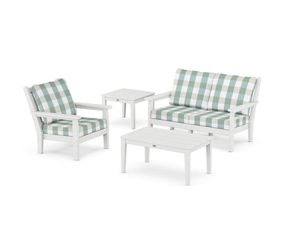 POLYWOOD® Chippendale 4-Piece Deep Seating Set in White / Buffalo Plaid Glacier Spa