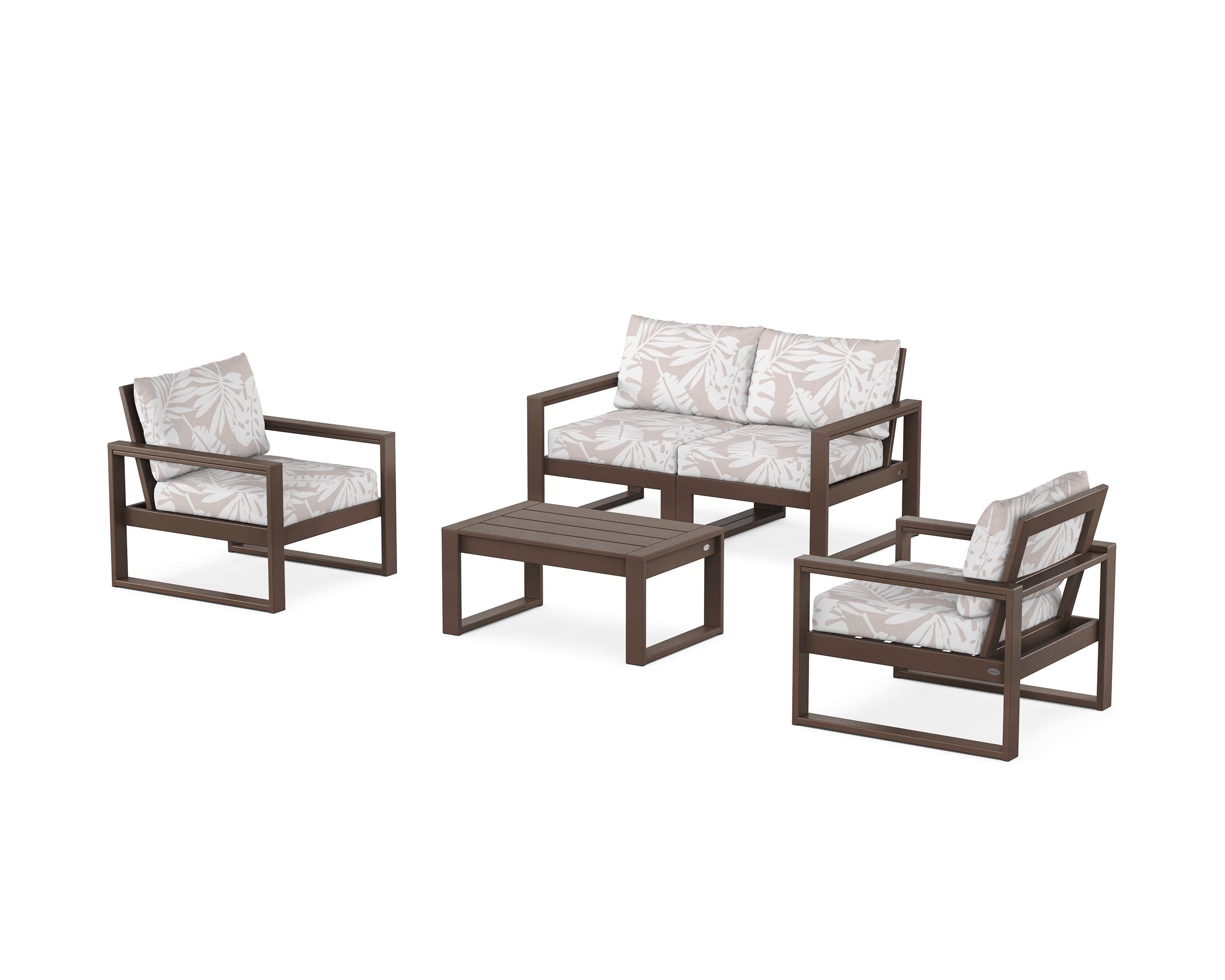 POLYWOOD® EDGE Sectional 4-Piece Deep Seating Set with Loveseat in Mahogany / Leaf Dune Burlap