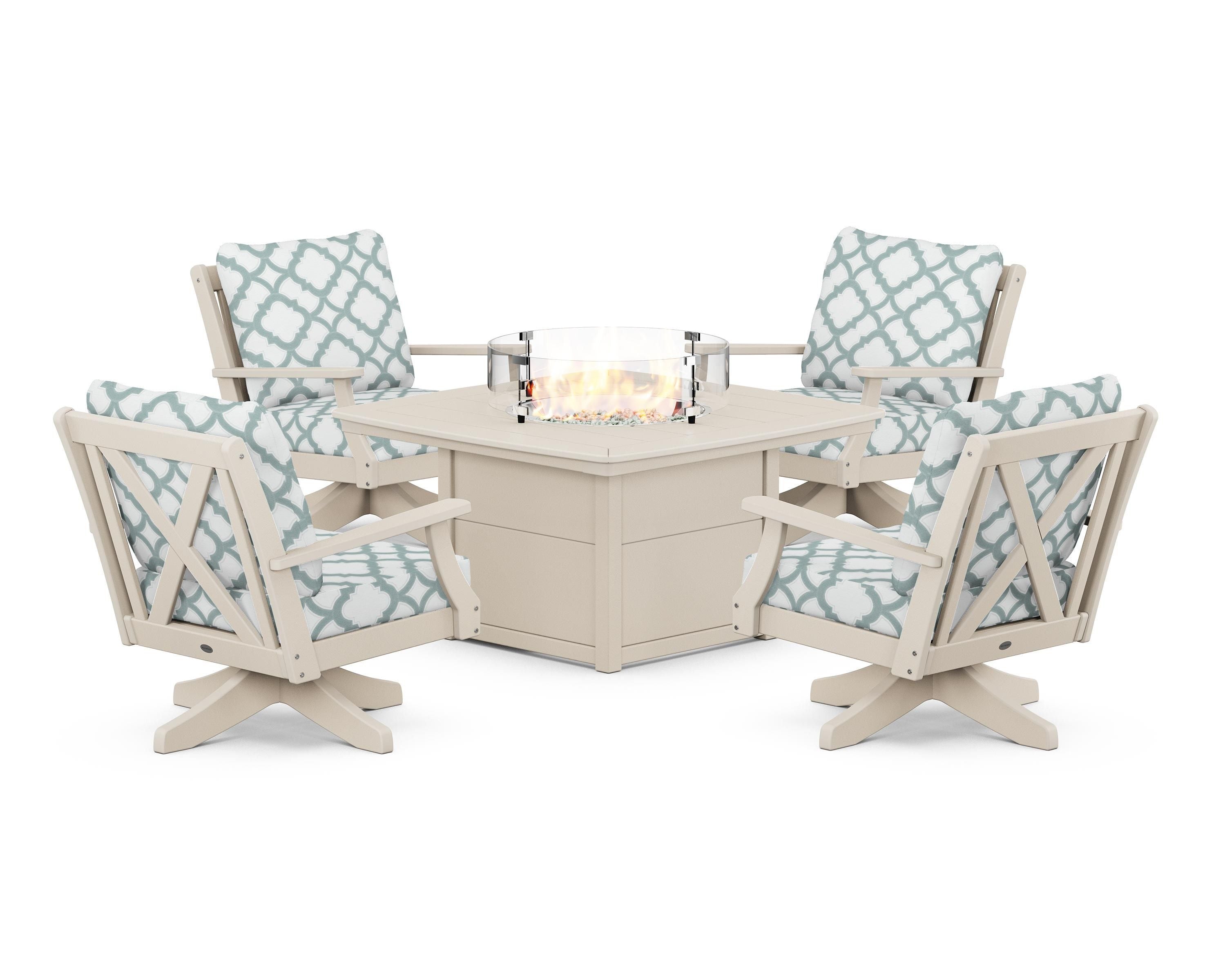 POLYWOOD® Braxton 5-Piece Deep Seating Swivel Conversation Set with Fire Pit Table in Sand / Trellis Glacier Spa