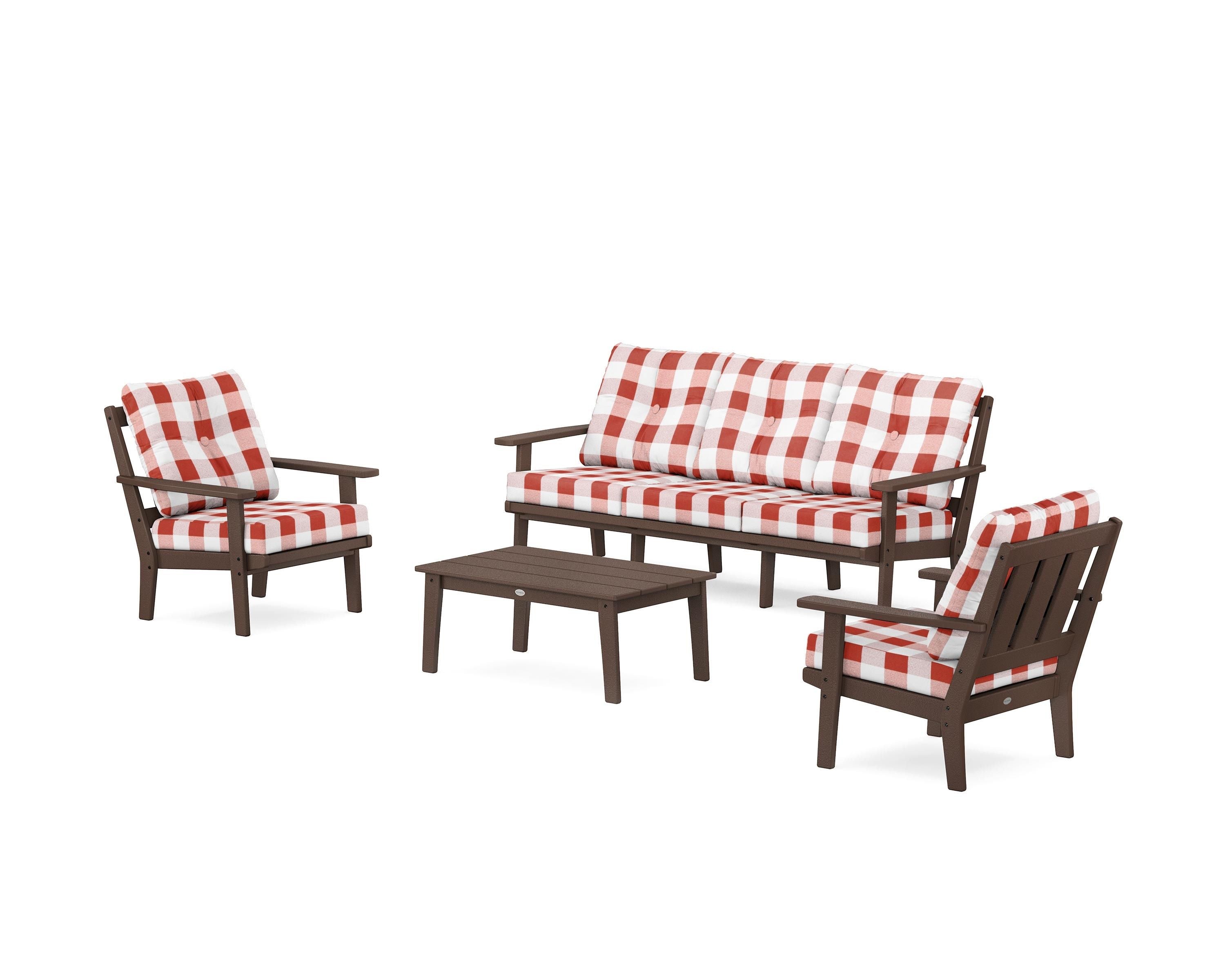 POLYWOOD® Oxford 4-Piece Deep Seating Set with Sofa in Mahogany / Buffalo Plaid Crimson