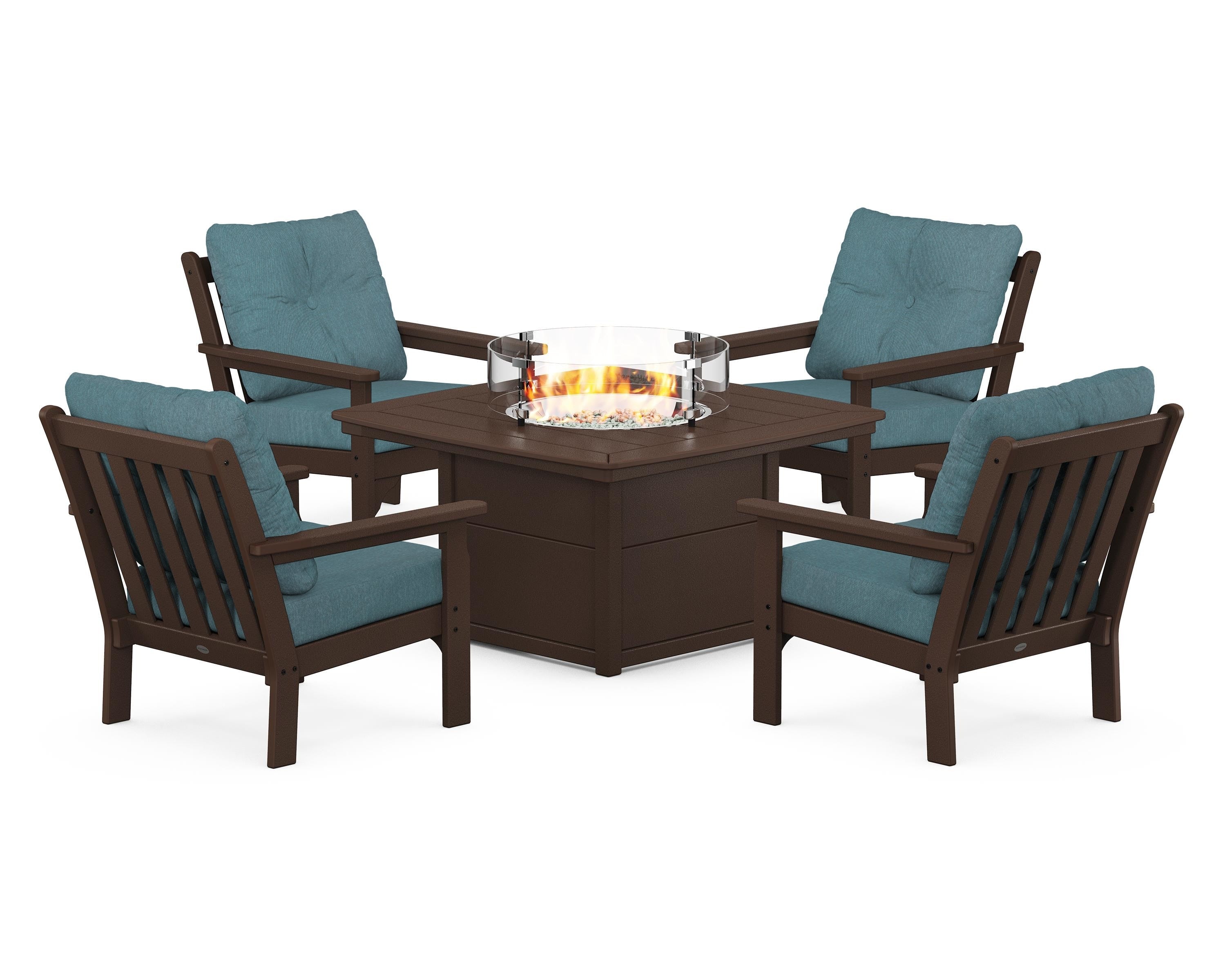 POLYWOOD® Vineyard 5-Piece Conversation Set with Fire Pit Table in Mahogany / Ocean Teal
